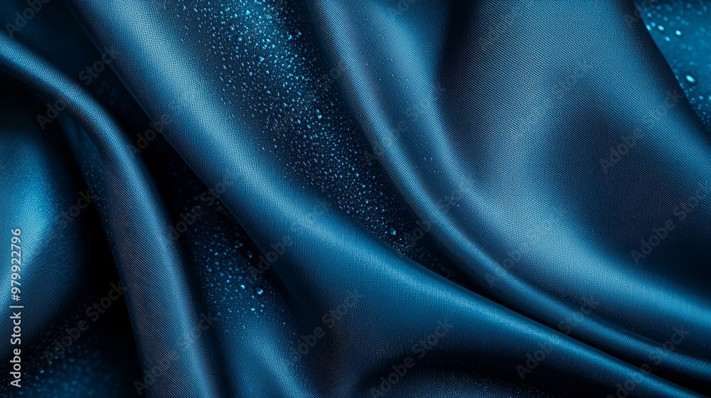 Fototapeta premium A tight shot of a blue fabric, heavily dotted with water droplets at the top and bottom edges