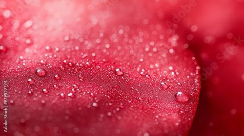  A red apple with water droplets atop and bottom, background features water drops