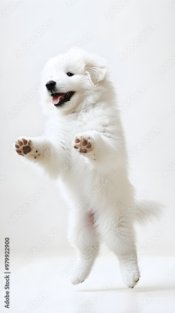 A playful Kuvasz puppy frolicking in a light solid color environment, capturing its youthful energy and fluffy fur A playful Kuvasz puppy frolicking in a light solid color environment, capturing its youthful energy and fluffy fur