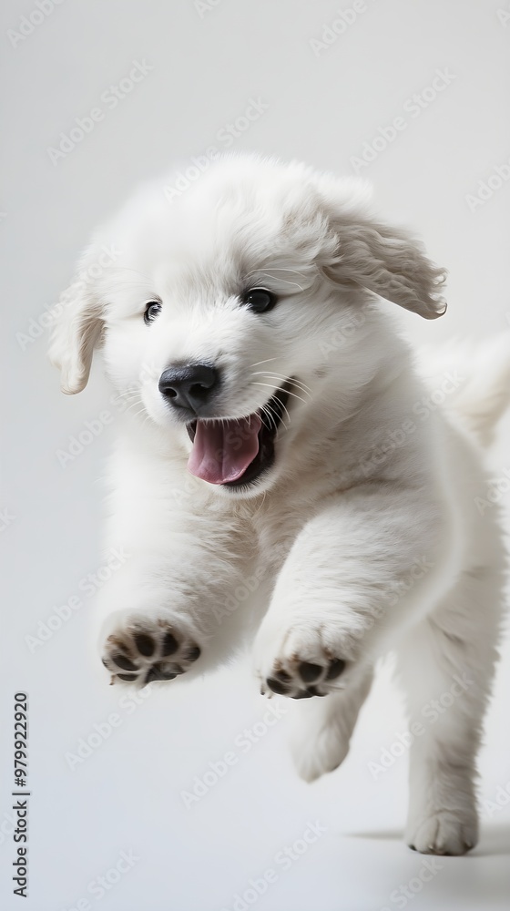 A playful Kuvasz puppy frolicking in a light solid color environment, capturing its youthful energy and fluffy fur A playful Kuvasz puppy frolicking in a light solid color environment, capturing its youthful energy and fluffy fur