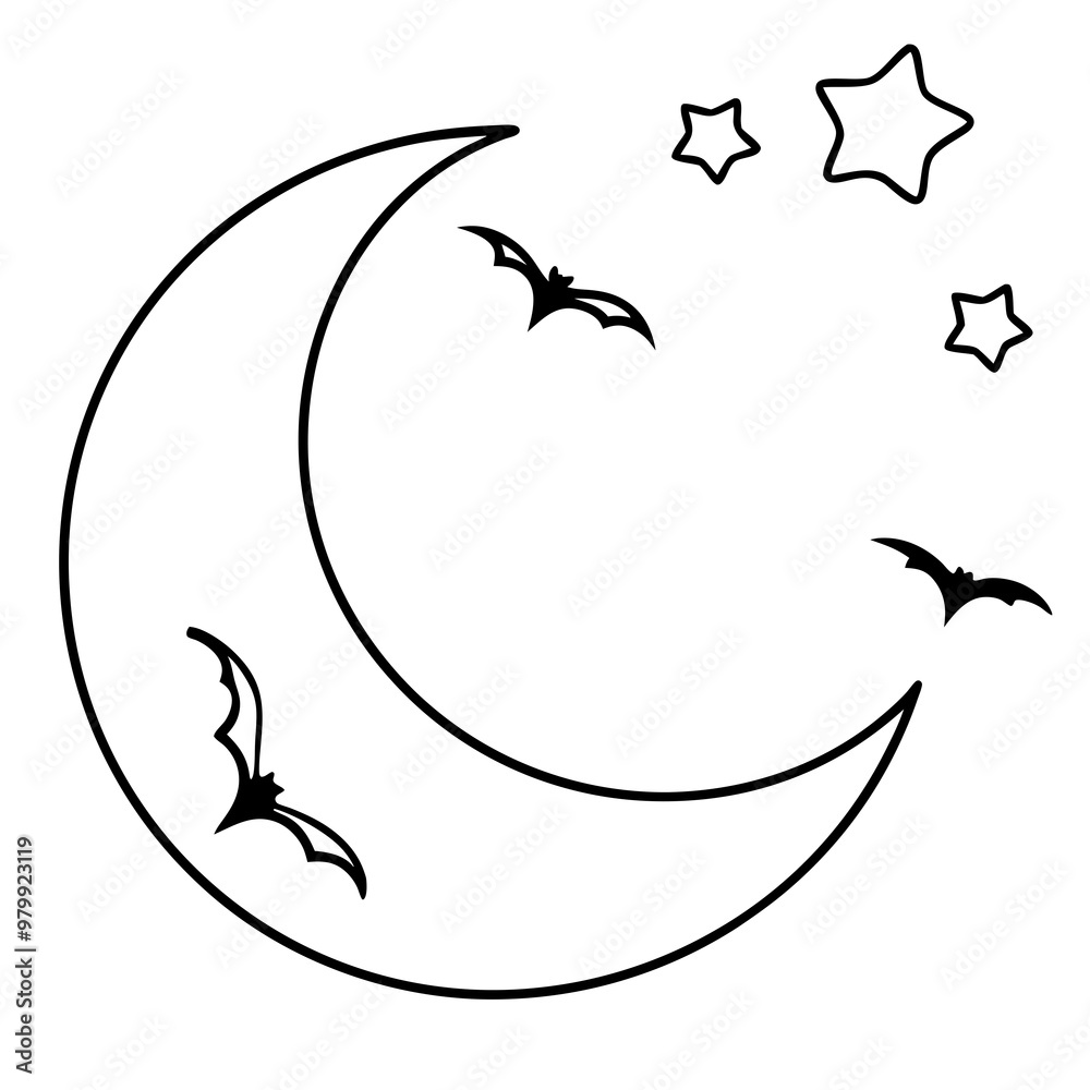 Vector Art of Crescent Moon with Flying Bats Vector Art of Crescent Moon with Flying Bats