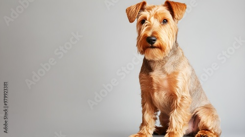 A Lakeland Terrier sitting on a light solid color background, showcasing its distinct wiry coat and alert expression photo