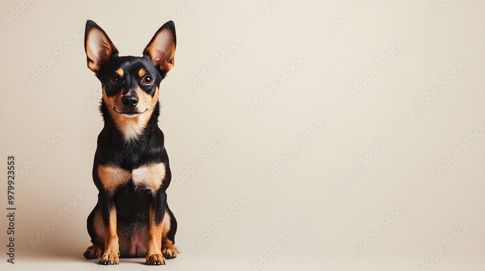 A Lancashire Heeler sitting proudly on a light solid color background, showcasing its small size and unique coloring A Lancashire Heeler sitting proudly on a light solid color background, showcasing its small size and unique coloring