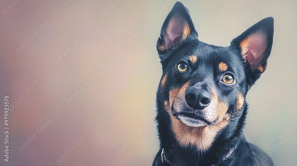 A close-up portrait of a Lancashire Heeler with expressive eyes and perky ears, set against a soft pastel background