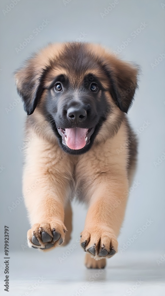A playful Leonberger puppy frolicking on a smooth light solid color surface, capturing the essence of youth and joy