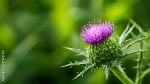  A purple bloom atop a verdant plant, surrounded by hazy green foliage