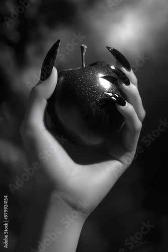 Mysterious hand holding a shiny black apple in dark lighting photo