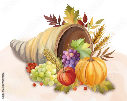 Autumn harvest Thanksgiving cornucopia Pumpkin apple grape corn autumn leaves