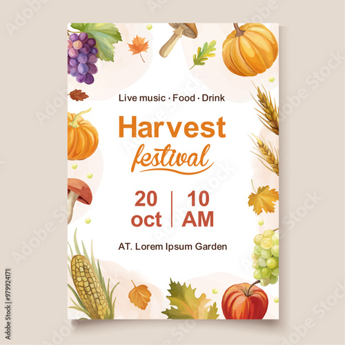 Harvest festival poster template with autumn fruits and vegetables