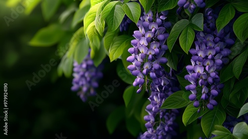  A tight shot of several purple blooms on a tree branch, surrounded by green foliage in the background