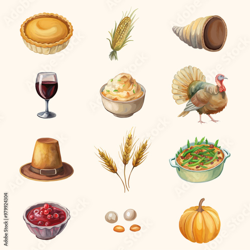 Thanksgiving elements Turkey cornucopia wheat green bean casserole cranberry sauce pumpkin pie
