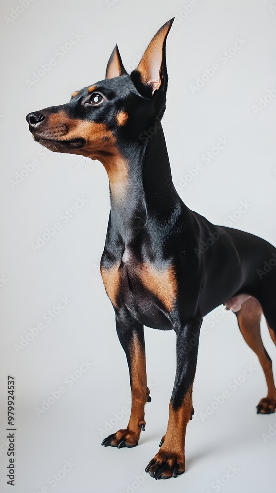 A Manchester Terrier standing proudly, with a soft focus on its muscular build against a minimalistic light background A Manchester Terrier standing proudly, with a soft focus on its muscular build against a minimalistic light background