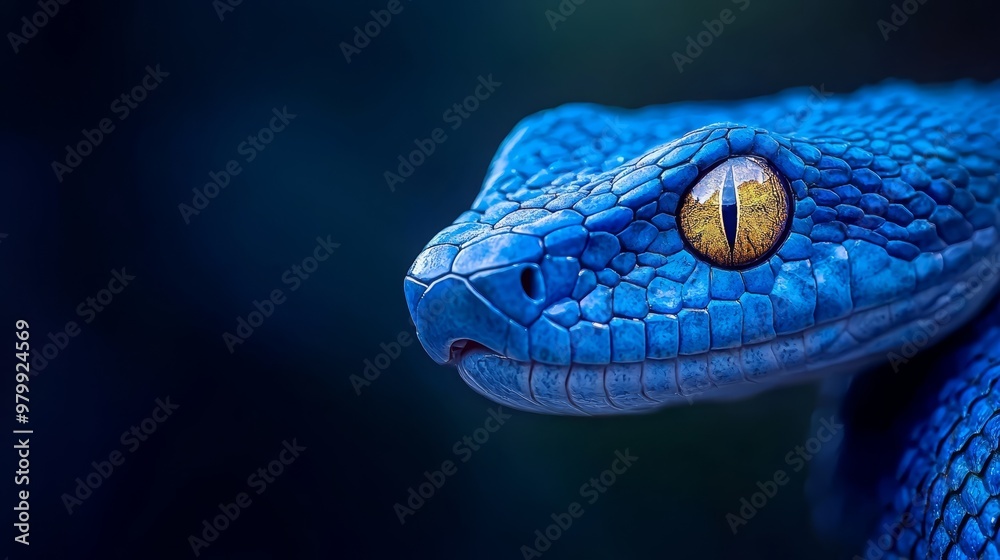 Fototapeta premium A tight shot of a blue snake's head exhibiting a yellow pupil in its eye