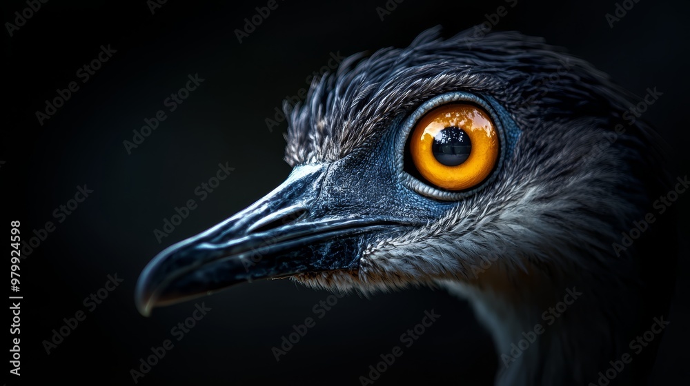 Fototapeta premium A tight shot of a bird's face reveals an orange eye situated at its center