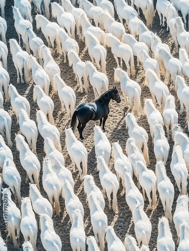 Aerial view of black horse standing among white horses, contrast photo