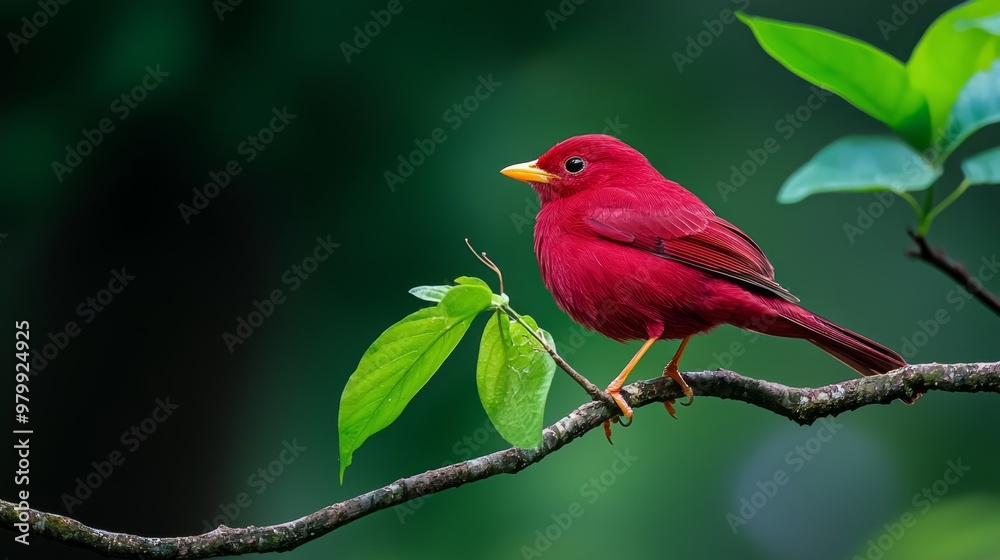 A red bird perches on a tree branch, adjacent to a verdant branch adorned with green leaves A red bird perches on a tree branch, adjacent to a verdant branch adorned with green leaves