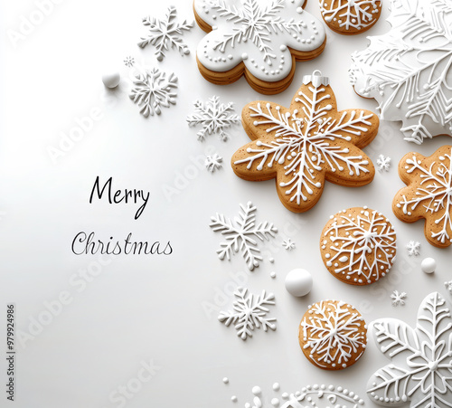 Winter composition with christmas cookies. Christmas greeting card design in paper cut style.