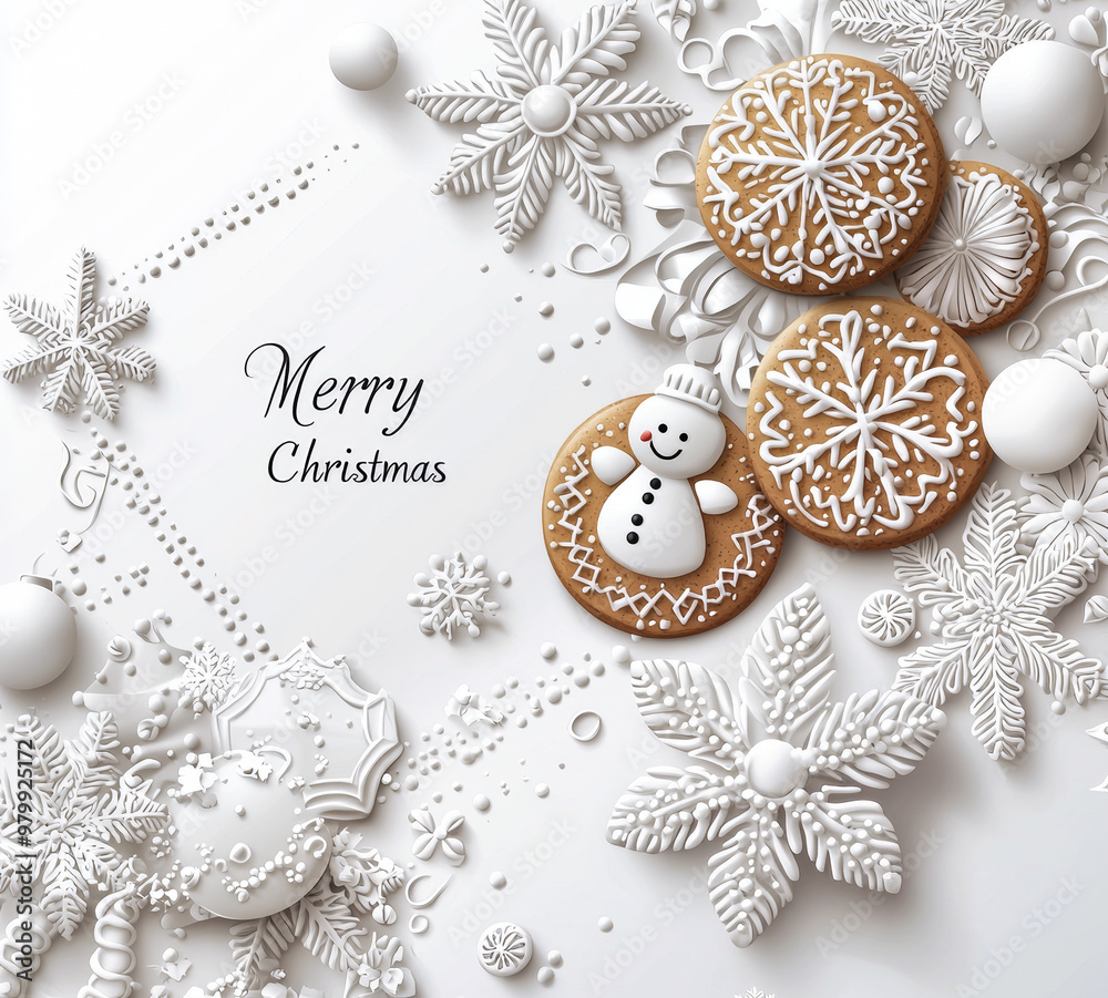 Winter composition with christmas cookies. Christmas greeting card design in paper cut style. Winter composition with christmas cookies. Christmas greeting card design in paper cut style.