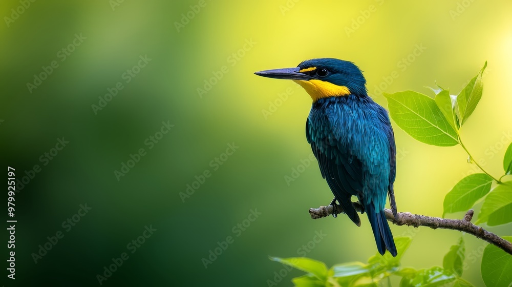 A blue bird perched on a green branch against a hazy backdrop of greens and yellows A blue bird perched on a green branch against a hazy backdrop of greens and yellows