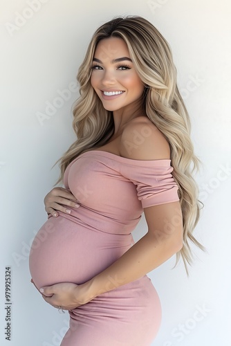 Smiling pregnant woman in pink dress, hands on belly, portrait photo