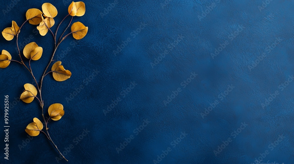 Fototapeta premium A backdrop of blue, featuring a branch adorned with yellow blooms - insert text or image here