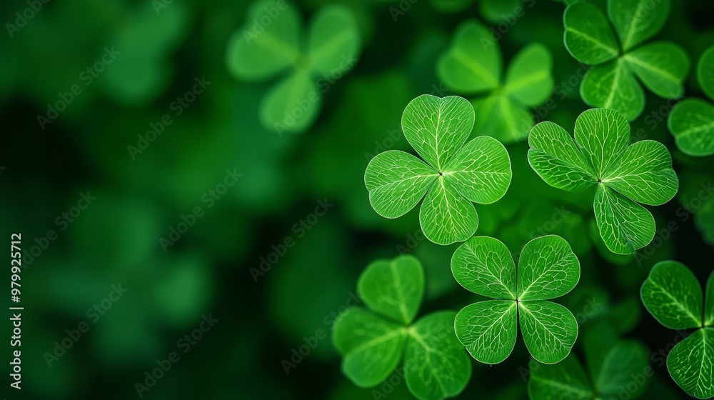 Four-leaf clovers in a cluster against a green backdrop Blurred representation of four individual clovers Four-leaf clovers in a cluster against a green backdrop Blurred representation of four individual clovers
