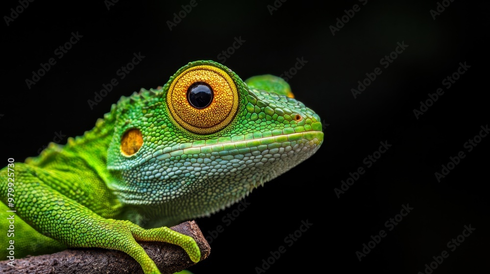 Fototapeta premium A tight shot of a green chameleon on a branch, eyes fixated, against a backdrop of unyielding black