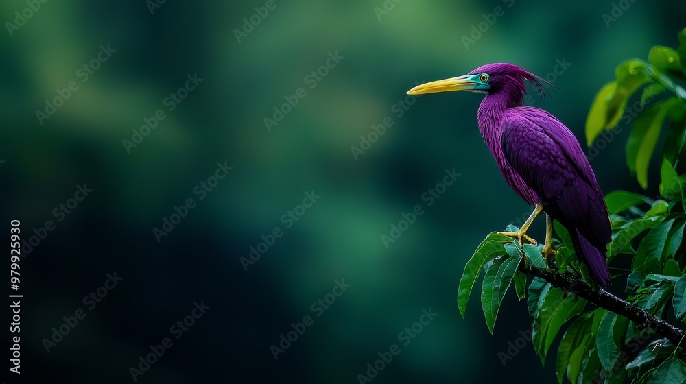 Fototapeta premium A purple bird perched on a tree branch against a dark green backdrop, its yellow beak contrasting vividly