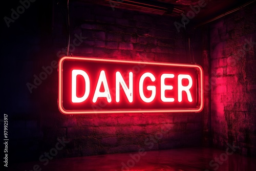 Red neon danger sign glowing against dark brick wall background