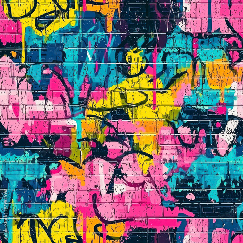 Abstract bright graffiti pattern. With bricks, paint drips, words in graffiti style.