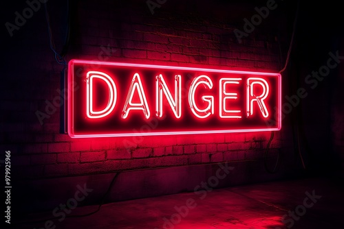 Red neon danger sign glowing against dark brick wall background photo