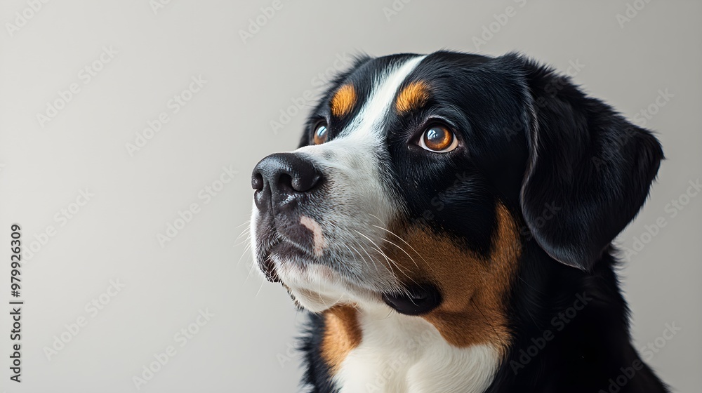 A close-up of an Appenzeller Sennenhund's face, capturing the intelligent expression and unique coat pattern, against a light solid color background A close-up of an Appenzeller Sennenhund's face, capturing the intelligent expression and unique coat pattern, against a light solid color background