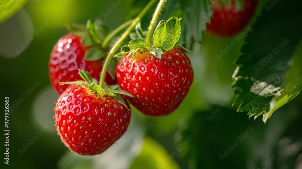 A tight shot of three ripe strawberries against a backdrop of a leafy plant Green foliage fills the foreground, while the background softly blurs A tight shot of three ripe strawberries against a backdrop of a leafy plant Green foliage fills the foreground, while the background softly blurs