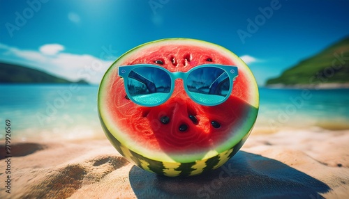 A playful watermelon with blue sunglasses on a sunny tropical beach, exuding summer vibes. photo