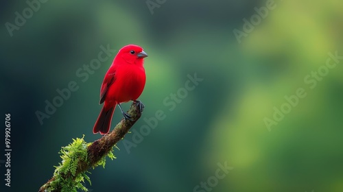  A red bird perches on a tree branch against a softly blurred backdrop of trees and bushes