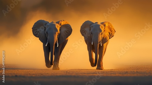  Two elephants stroll side by side on a dirt field A yellow sky looms overhead, and dust kicks up, swirling through the air photo