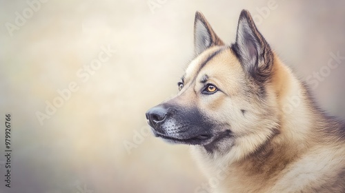 A close-up portrait of a Norwegian Buhund, highlighting its unique triangular ears and lively expression against a soft pastel backdrop photo