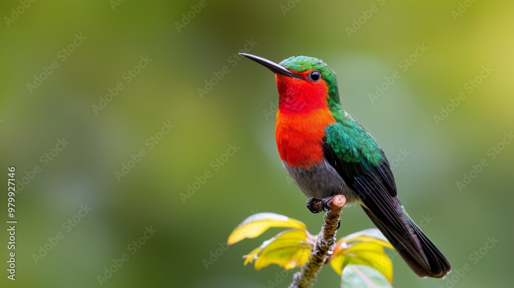 Fototapeta premium A vibrant bird atop a verdant tree branch against a softly blurred green backdrop