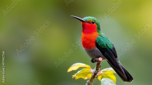  A vibrant bird atop a verdant tree branch against a softly blurred green backdrop