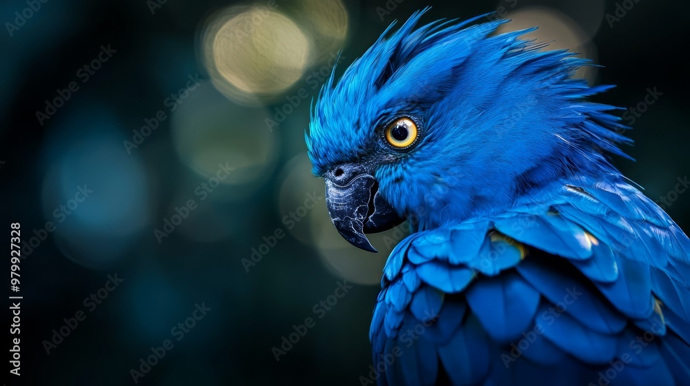 Obraz premium A tight shot of a blue parrot's head with a softly blurred background from the bokeh of light
