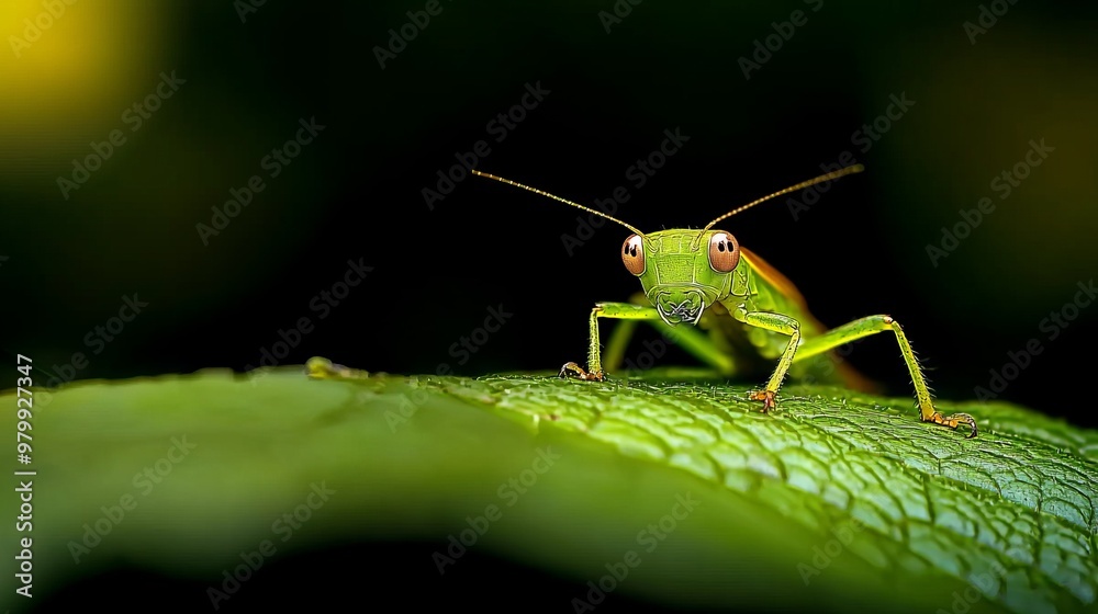 A sharp close-up of a green grasshopper on a leaf against a black backdrop The grasshopper image is slightly blurred A sharp close-up of a green grasshopper on a leaf against a black backdrop The grasshopper image is slightly blurred