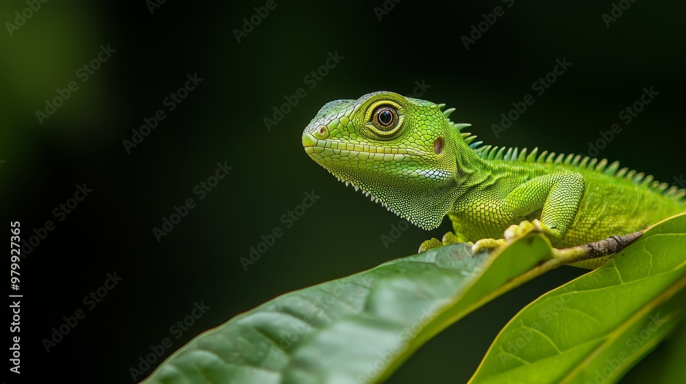 A tight shot of a green lizard atop a leaf against a backdrop of dark green leaves and a black background A tight shot of a green lizard atop a leaf against a backdrop of dark green leaves and a black background