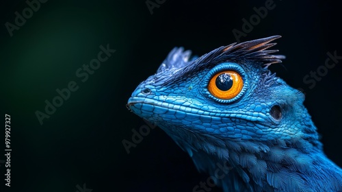  A blue and orange lizard's head in close-up against a black backdrop, featuring a vivid orange eye