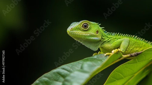  A tight shot of a green lizard atop a leaf against a backdrop of dark green leaves and a black background