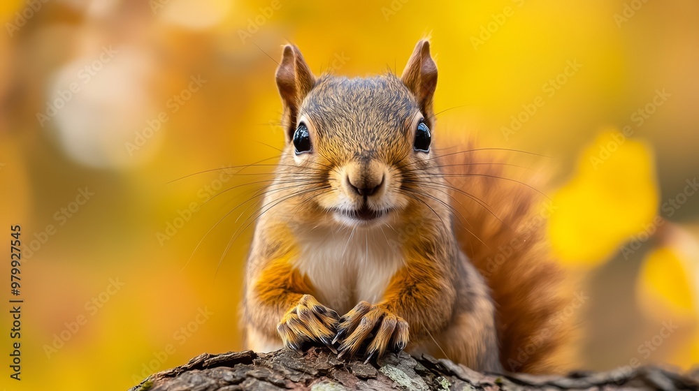 A tight shot of a squirrel perched on a tree branch against a hazy backdrop of golden leaves A tight shot of a squirrel perched on a tree branch against a hazy backdrop of golden leaves