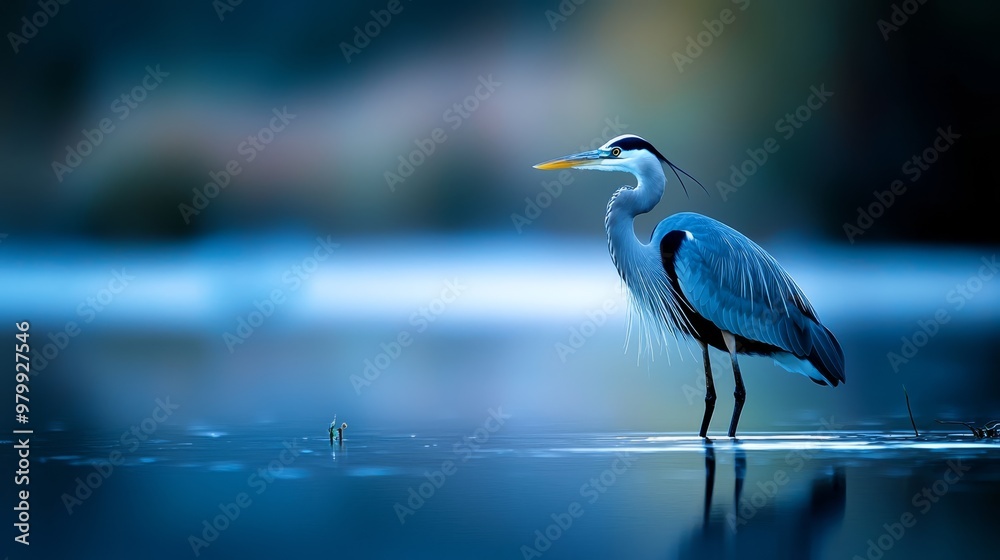 Obraz premium A large blue bird stands atop a body of water, with its beak submerged
