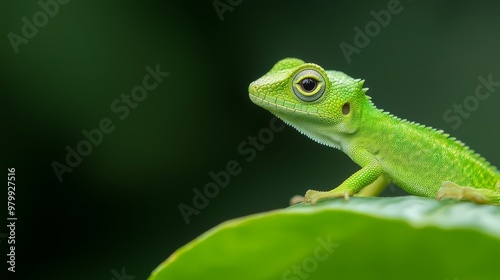  A tight shot of a green lizard atop a verdant leaf against a softly blurred green backdrop