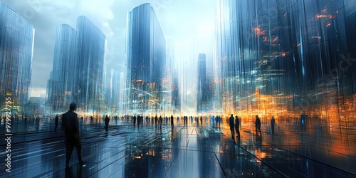 Futuristic city street with tall buildings and people walking in the rain.