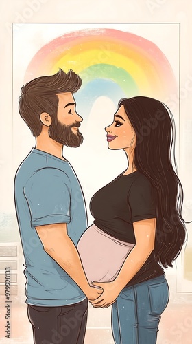 Cartoon Pregnant Couple Holding Hands Under Rainbow photo