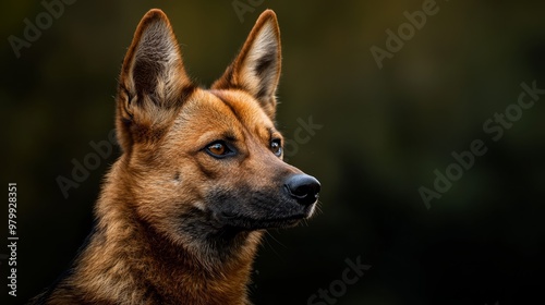  A tight shot of a dog's face against a softly blurred backdrop of trees